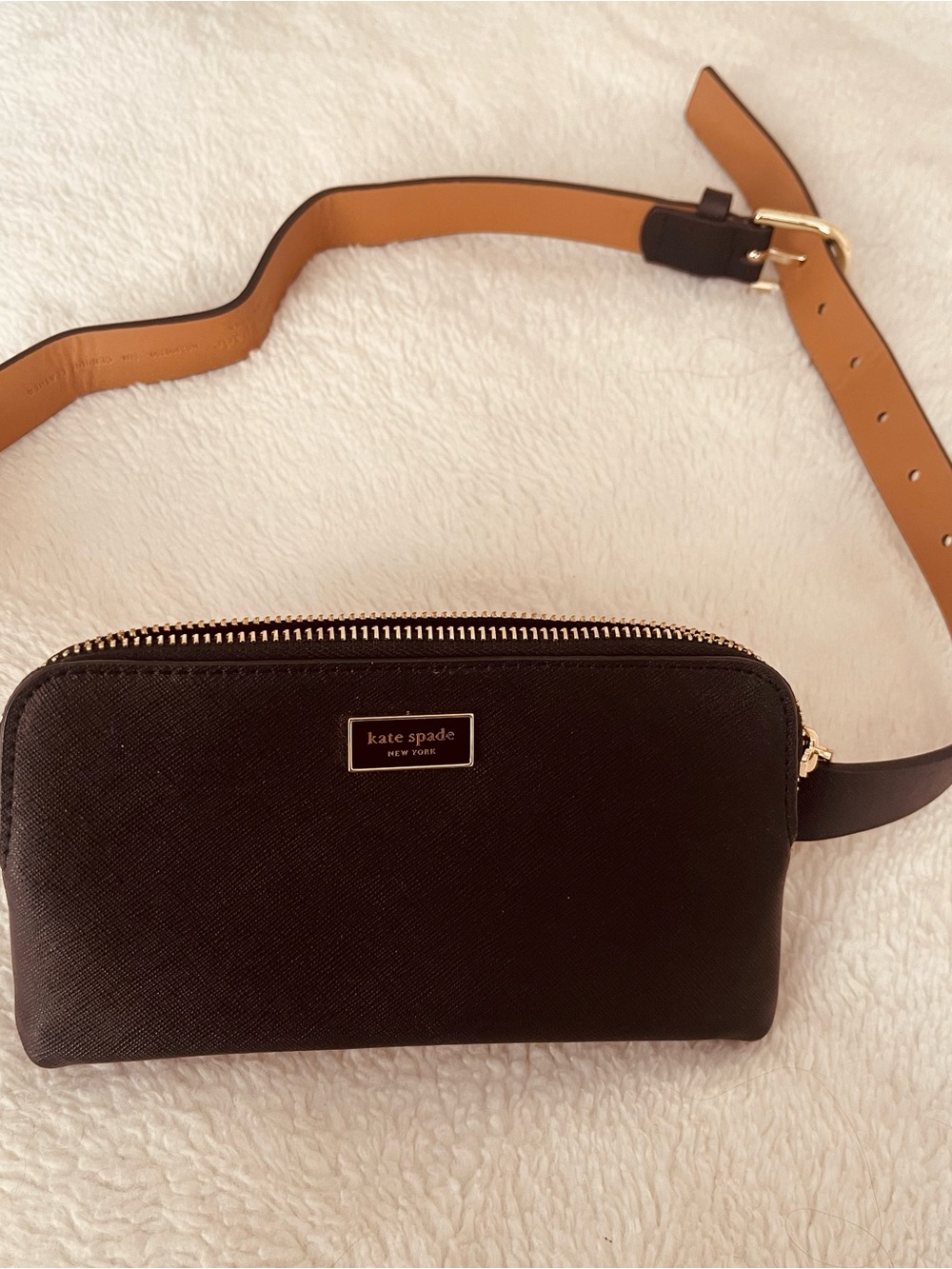 kate spade black leather crossbody belt bag with tan strap
